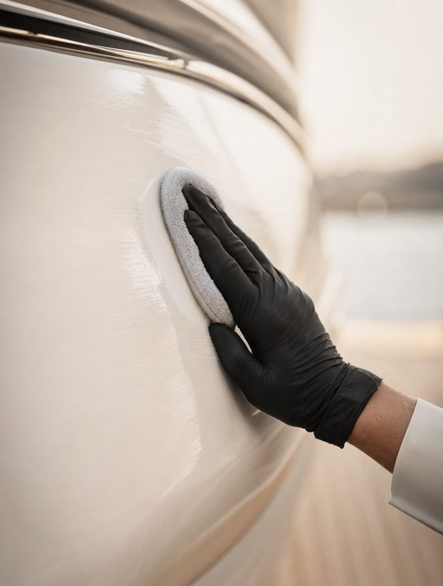A black-gloved hand applying polish to a smooth white yacht hull
